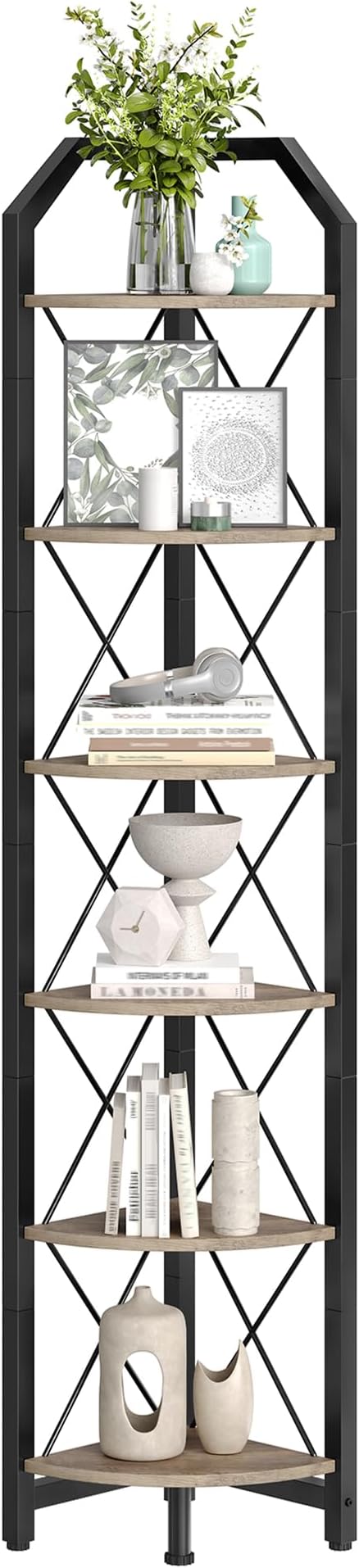 CHOEZON 6-Tier Corner Shelf, Industrial Corner Bookshelf, 71.2" Corner Storage Stand, Plant Stand Display Shelf, Corner Bookcase for Bedroom, Living Room, Home Office, Greige and Black TCJ11BG