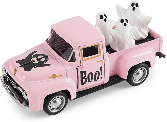 Halloween Truck Decor, Pink Halloween Ghost Truck Decorations for Home Indoor, Mini Cute Ghost Tiered Tray Decor, Farmhouse Kitchen Tabletop Centerpiece Decorations