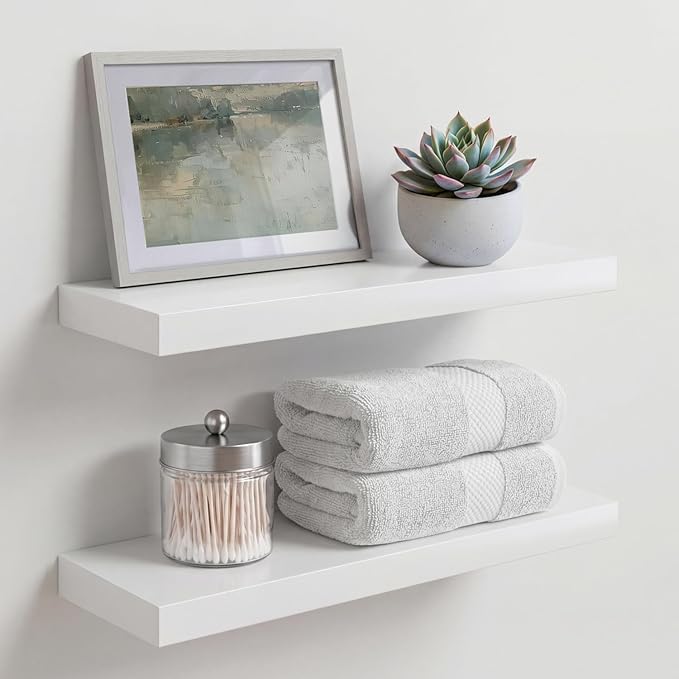 Homeforia White Floating Shelf 18 inch, High End Solid Real Wood 18inch Bathroom Floating Shelves for Wall Mounted, White Wooden 18in Floating Shelves, Heavy Duty Bracket, 18 X 6.5 X 1.75 in, Set of 3
