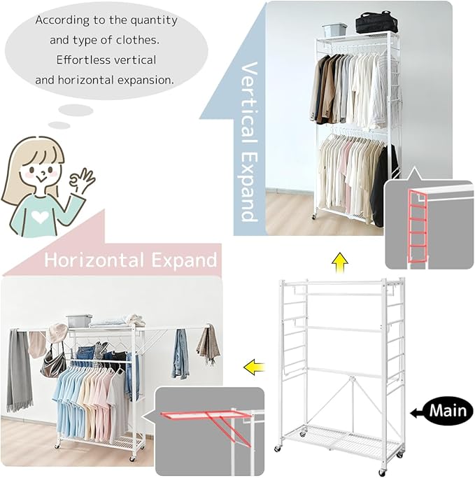 lumizone Folding Clothing Rack with Wheels Expandable Wardrobe Portable Clothes Rack for Hanging Clothes Adjustable Closet Shelves Garment Rack Durable Closet Racks for Hanging Clothes (Pro Black)