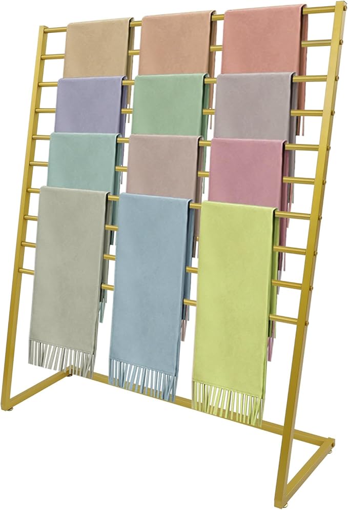 Scarf Organizer, Metal Hijab Organizer, 10 Tier Scarf Holder Hanger for Multiple Scarves, Freestanding Hijab Stand Belt Pants Hanging Rack for Home, Commercial, Clothing Store (Gold, 120cm)