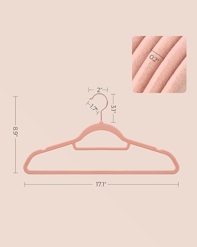 SONGMICS Velvet Hangers, Set of 50 Clothes Hanger with Rose Gold Swivel Hook, Non-Slip, and Space-Saving, 0.2-Inch Thick, 17.1-Inch Long for Coat, Shirt, Dress, Pants, Tie, Coral Pink UCRF21PK50