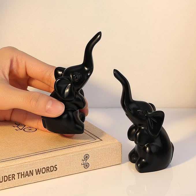 DUQGUHO Mini Black Elephant Gifts for Women, Modern Style Small Animal Statue, 2PCS Elephant Decor for Desk Shelves 3.5Inch