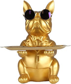 QIANLING Modern Decor Resin Gold Bulldog Tray Statue Tray Storage Key Holder Candy Jewelry Earrings Tray Suitable for Home Decor Modern Art Dining Table Decor Office Small Object Tray (Golden Yellow)