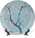 Japanese Spring Theme Decorative Ceramic Plate Round Porcelain Plate,Sakura Tree Branches Pattern,for Decorative Ornaments Giving Plates, 1 Plate with 1 Display Stand,Blue Pink,7 inch