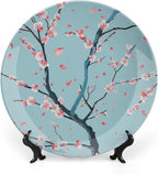 Japanese Spring Theme Decorative Ceramic Plate Round Porcelain Plate,Sakura Tree Branches Pattern,for Decorative Ornaments Giving Plates, 1 Plate with 1 Display Stand,Blue Pink,7 inch