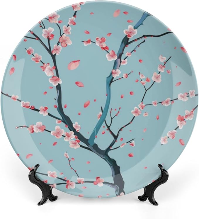 Japanese Spring Theme Decorative Ceramic Plate Round Porcelain Plate,Sakura Tree Branches Pattern,for Decorative Ornaments Giving Plates, 1 Plate with 1 Display Stand,Blue Pink,7 inch