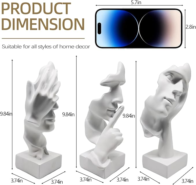 aboxoo Large Size 3 Pcs Thinker Statue, Silence is Gold, See No Evil Hear No Evil Speak No Evil Statues, Modern Resin Sculptures Decor for Living Room Home, Office, Study (White)