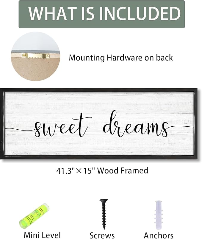 Sweet Dreams Wall Decor Above Bed 41.3''×15'' Large Farmhouse Wall Decor for Bedroom Guest Room Decor Framed Wood Wall Art Rustic Master Bedroom Wall Decoration (black frame)