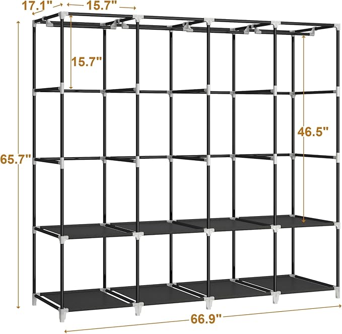 67 Inch Portable Closet Wardrobe for Hanging Clothes, Wardrobe Closet with Cover, 4 Hanging Rods and Side Pockets, 8 Storage Shelves, Large Clothes Organizer for Bedroom, Living Room, Black