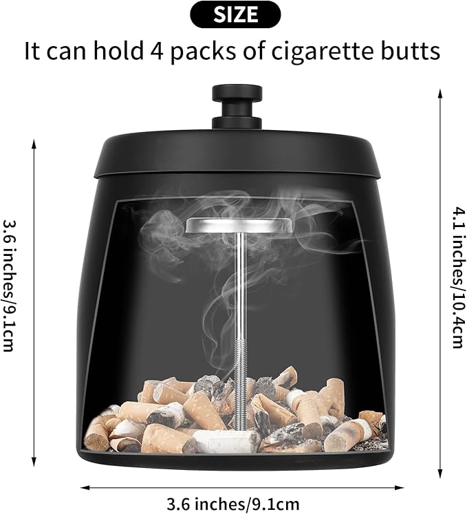 Outdoor Ashtrays for Patio with Lid, Outdoor Ash Tray Sets for Cigarettes, Stainless Steel Windproof Ashtrays Large Covered Outside Odorless Iron Metal Indoor Tabletop, Black, Medium
