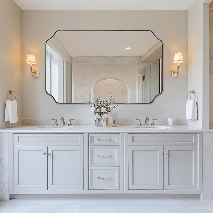ANDY STAR 30x48 Inch Brushed Nickel Mirror, Large Silver Rectangle Mirror, Unique Scalloped Edge Design with Anti-Rust Stainless Steel Metal 1’’ Frame, Wall Mounts Vertically or Horizontally
