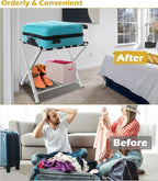 mocomax 1 Pack Folding Luggage Rack for Guest Room, Foldable Suitcase Stand Holder with Metal Storage Shelf for Bedroom, Living Room, Hotel Essentials, Heavy Duty Steel Frame, White