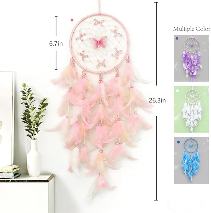 Handmade Feather Dream Catchers, Dream Catchers for Girls with Butterfly, Art Room Decoration for Kids Bedroom, Home Decoration Wedding Party Blessing Gift (Purple)