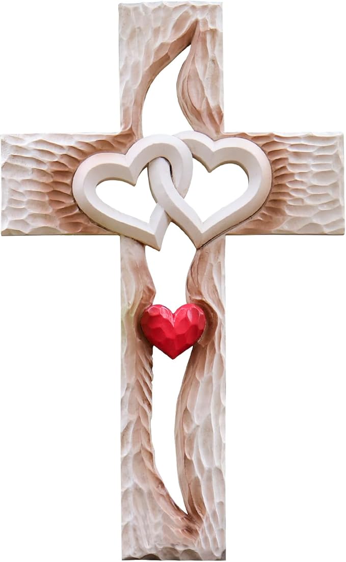 Oooct Carved Cross, Resin Cross Wall Decor, Intertwined Hearts & Never Separates Love, Great Christian Gift, Wall Art Gift, Home Living Room Decor - 13.34 × 8.18 Inch