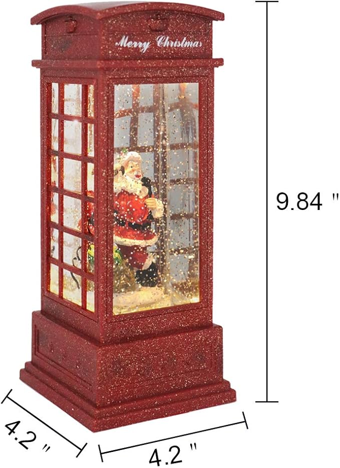 Wondise Snow Globe with Timer, Battery Operated Telephone Booth Snow Globes Spinning Water and Swirling Glitter (Santa)