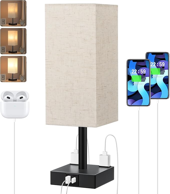 Touch Bedside Table Lamp For Nightstand - 3-Way Dimmable Night Lamp with USB A + Type C Charging Ports and two AC Outlets, Small Desk Light with E26 LED Bulb for Bedroom Living Room Dorm, BEIGE