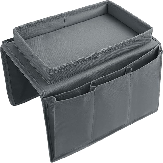 5 Pockets TV Remote Control Holder Couch Sofa Tray Armrest Organiser Oxford Chair Couch Caddy Sofa Armrest Bag Bedside Storage Hanging Organiser for Magazine Books Snack Mobile DVD Cellphone (Grey-a)