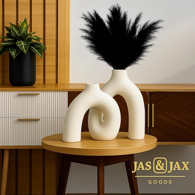 Cream White Decorative Vase Set - Modern Hug Donut Ceramic Vases by JAS & JAX GOODS, Minimalist Boho Style Centerpiece for Console Table, Living Room, Bookshelf, or Fireplace Mantel