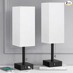 aooshine Bedside Table Lamps Set of 2 - Small White Bedroom Lamps with 3 Color Temperatures (3000K/5000K/4000K), Square Nightstand Lamp with USB C + A Charging Ports, Pull Chain Night Light