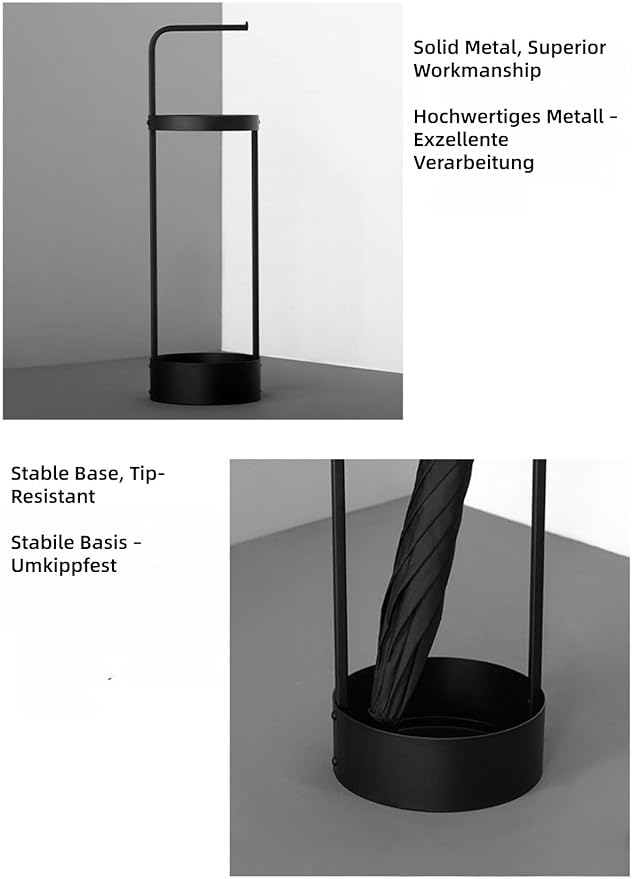 Modern, Minimalist Black Metal Freestanding Umbrella Stand – 2-in-1 Use – Dimensions 22 x 22 x 65 cm