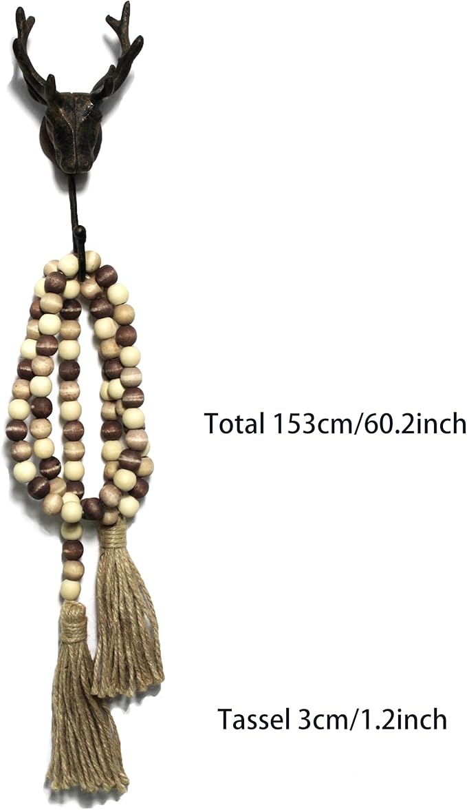 Farmhouse Decor Beads 60in Wooden Bead Garland with Tassels Boho Rustic Home Decor Accent Prayer Country Minimalist Decoration for Wall Hanging Room Table Mantle Shelf