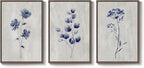 Framed Boho Floral Wall Art for Living Room, 3 Piece Blue Minimalist Botanical Canvas Painting Prints, Modern Rustic Watercolor Flower Plants Artwork for Bedroom Dining Room Office Wall decor, 24x36