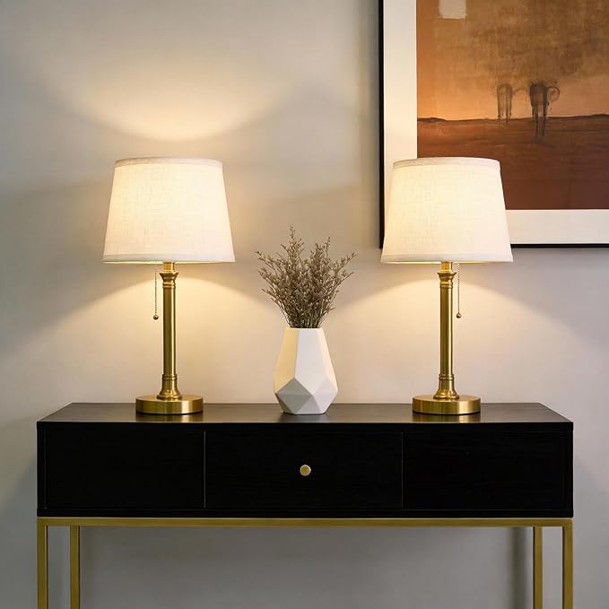 Oneach 19.5" Gold Table Lamp Set of 2, Small Bedside Table Lamps with USB A+C Charging Ports, Pull Chain Switch, Brass Modern Nightstand Lamps for Living Room, Bedroom, Nursery