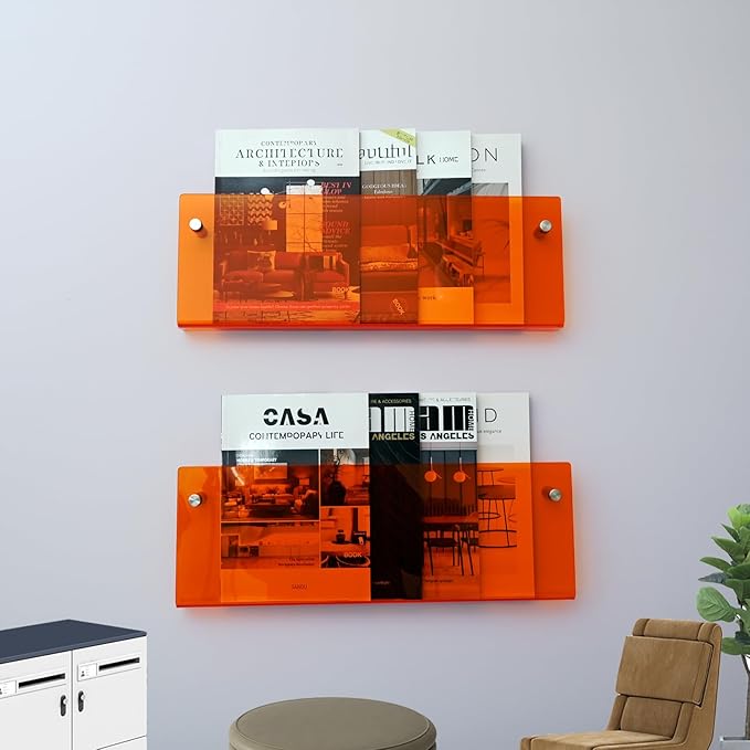 2 Pack Orange Acrylic Magazine Holder, Wall Mount Hanging Bookshelf Literature Storage Rack, Brochure File Display Shelf for Waiting Room, Living Room, Office, Home