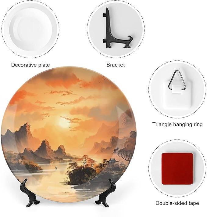 Decorative Plates, Ancient Chinese Mountain & Pavilion Landscape Ink Painting Display Plate for Home Office Kitchen Table Decor Porcelain Plates 7 Inch, Birthday Gifts