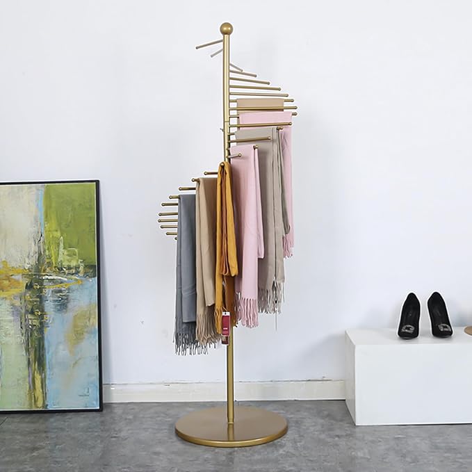 Metal Scarf Rack, Freestanding Spiral Scarf Holder Commercial Hijab Organizer Belt Pants Hanger with 30 Rods for Clothing Store Home, Space Saving Shelves (Color: Gold, Size: 17''x67'')
