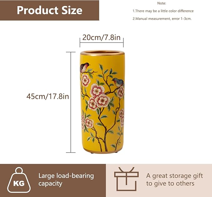 Decorative Ceramic Umbrella Stand - Porcelain Umbrella Holder Chinese Flower and Bird Print Vintage Floor Standing Vase Multi-Functional Cane Storage