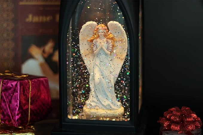 Eldnacele 12” Christmas Snow Globe Lantern Angel with Music & Timer, USB Lined/Battery Operated Lighted Water Glittering Nativity Lantern for Christmas Festival Centerpiece Decoration Gifts – Angel
