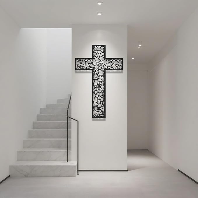 Black Metal Cross Wall Decor Iron Christian Cross for Home Church, Hollow Out Artistic Hanging Ornament, Crosses Wall Decor for Living Room, Bedroom, Decorative Thankful Religious Gift 41.3x27.4 inch