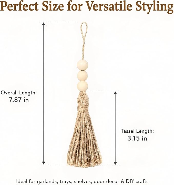 Jute Rope Tassel with 3 Wooden Beads - 20 Pcs Thick Handmade Jute Tassels for Garland Craft Decor Farmhouse Boho Home Door Hanging Decoration for Wedding Party Christmas DIY