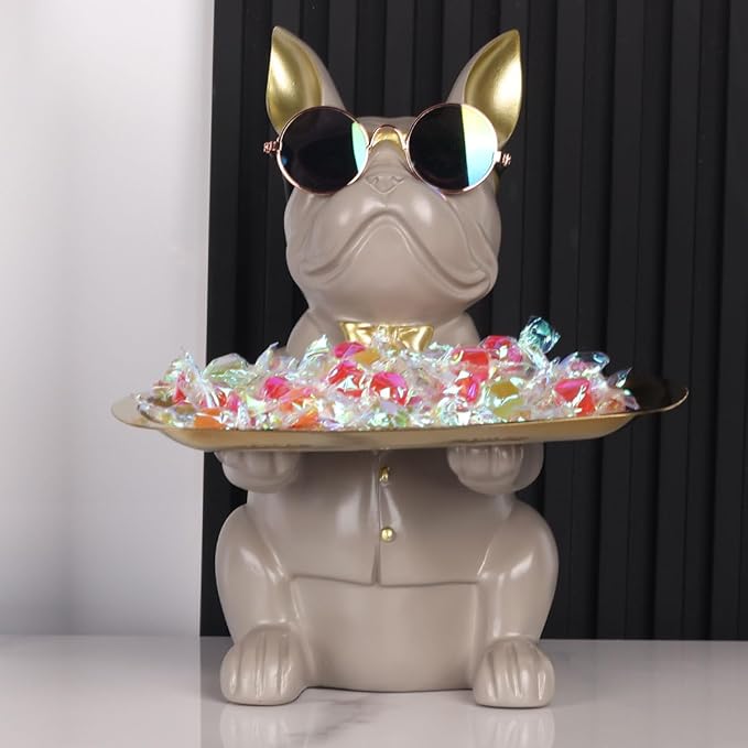 Modern Decor Resin Gray Bulldog Tray Statue Tray Storage Key Holder Candy Jewelry Earrings Tray Suitable for Home Decor Modern Art Dining Table Decor Office Small Object Tray (Gray)