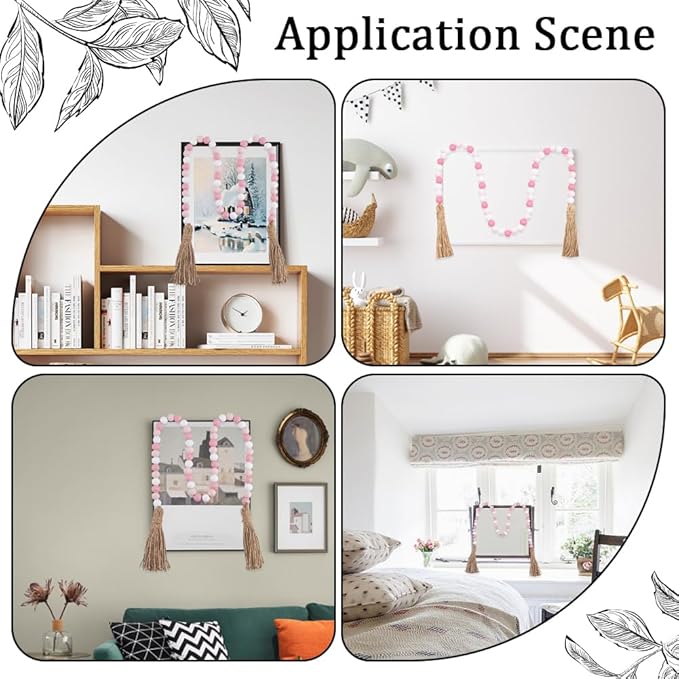 CREATCABIN 42 Inch Wood Bead Garland Decor Rustic Country Farmhouse Boho Home Pink White Wooden Beads Tassel Wall Hanging Ornaments for Coffee Table Wall Shelf Tray Vase Living Room Bedroom
