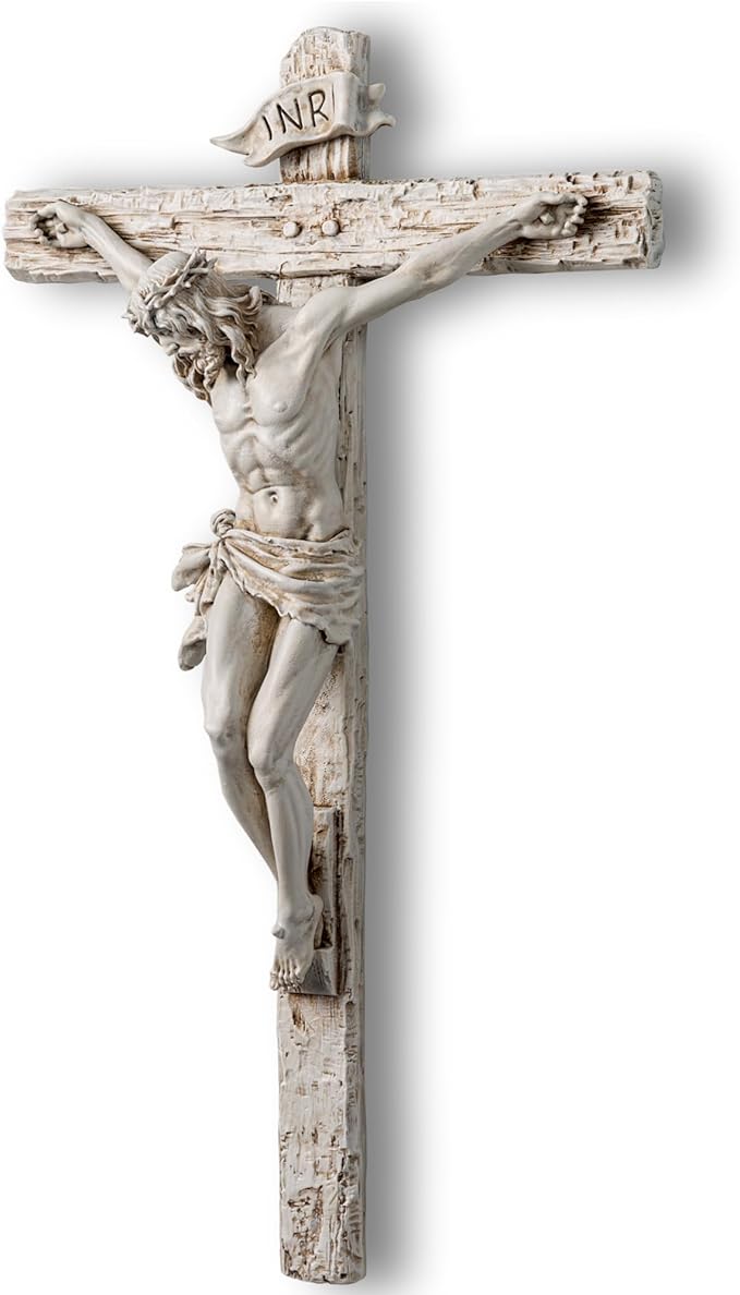 DevotedWalls Jesus Christ at Calvary Crucifix INRI Wall Cross,Resin Hand Sculpted Detailed Jesus Christ Wall Cross,12" H Holy Jesús Corpus Wall Crucifix for Catholic Gifts（Antique White）