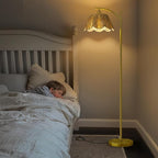 Oneach Arc Floor Lamp for Living Room,Rattan Boho Floor Lamp with Hand-Woven Shade, Foot Switch,Gold Metal Base & Pole,Farmhouse Standing Lamp for Bedroom Corner,Reading
