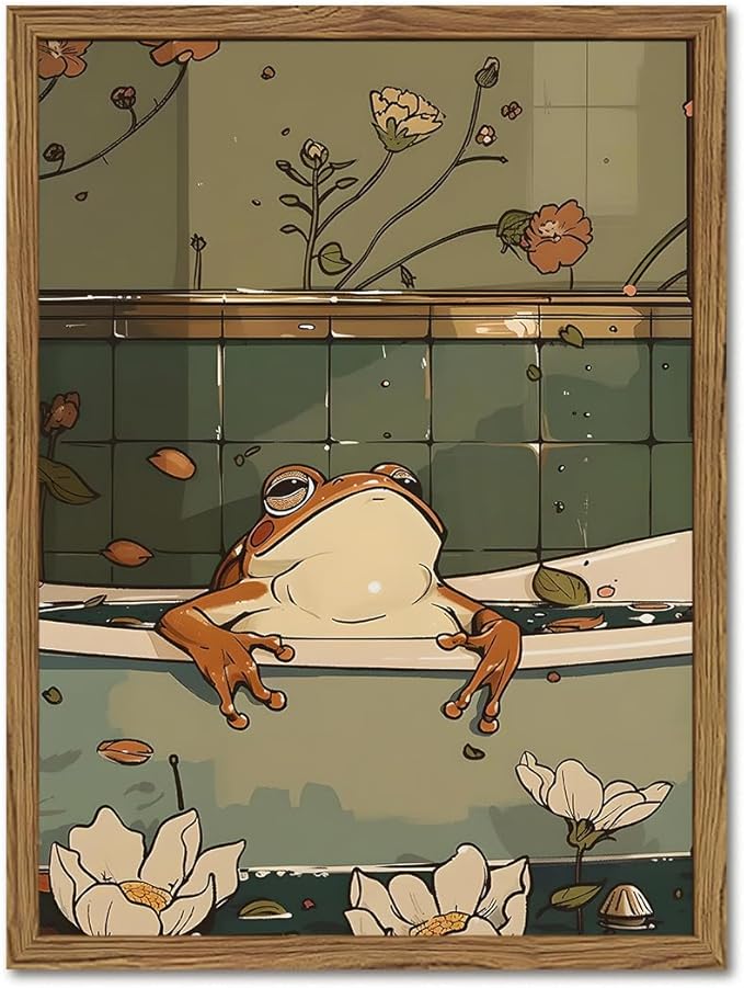 Funny Japanese Frog Bathroom Wall Art Whimsical Frog in Bathtub Wall Decor Painting Cute Animal Bathroom Poster Canvas Print Picture 16x24 inch Wood Framed