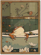 Funny Japanese Frog Bathroom Wall Art Whimsical Frog in Bathtub Wall Decor Painting Cute Animal Bathroom Poster Canvas Print Picture 16x24 inch Wood Framed