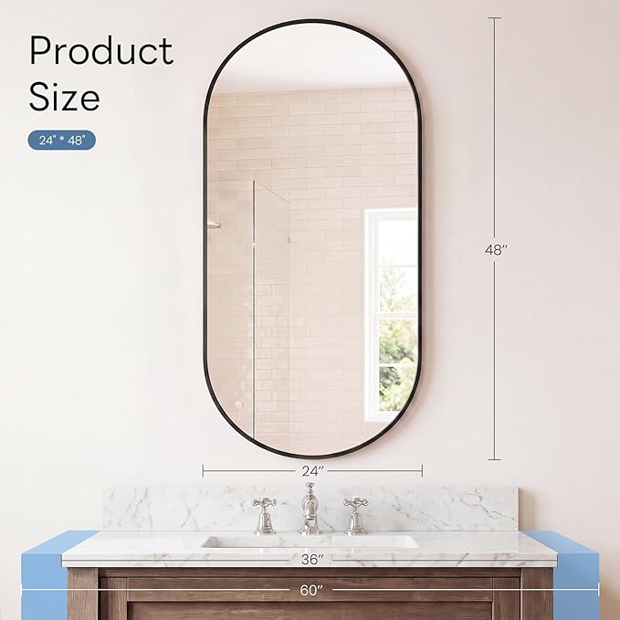 Sweetcrispy 24" x 48" Black Bathroom Mirror for Wall, Oval Walls Mirror with Metal Frame, Tempered Glass, Modern Vanity Mirrors for Over Sink, Living Room, Bedroom, Entryway, Horizontal or Vertical