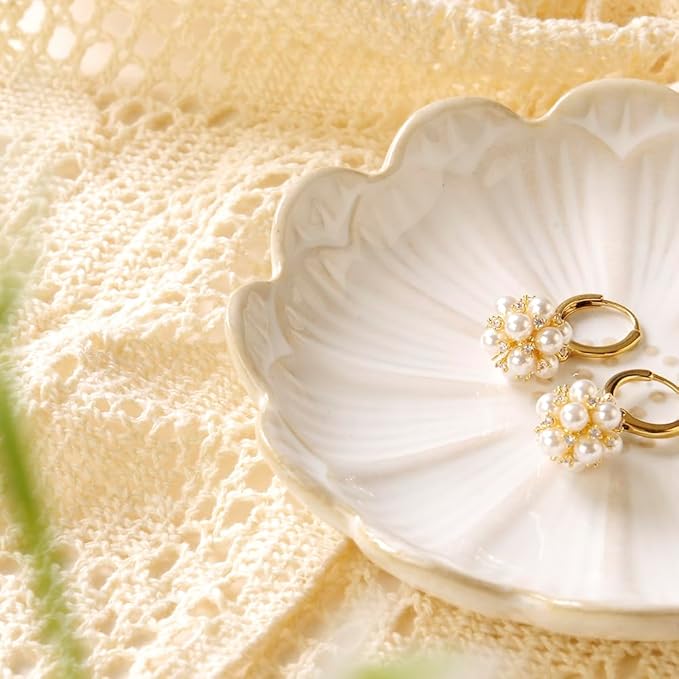 Lotus Ring Holder Dish Small Indoor Ash Tray, Ceramic Dessert Plate Trinket Jewelry Holder Organizing Necklace Earrings for Parents Friends Sister, White. All Jewelries Are NOT Included.