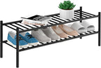 2-Tier Bamboo Long Shoe Rack, Free Standing Wood Shoe Shelf Storage Organizer for Closet Entryway Stackable 35"x11"x13" (Black)