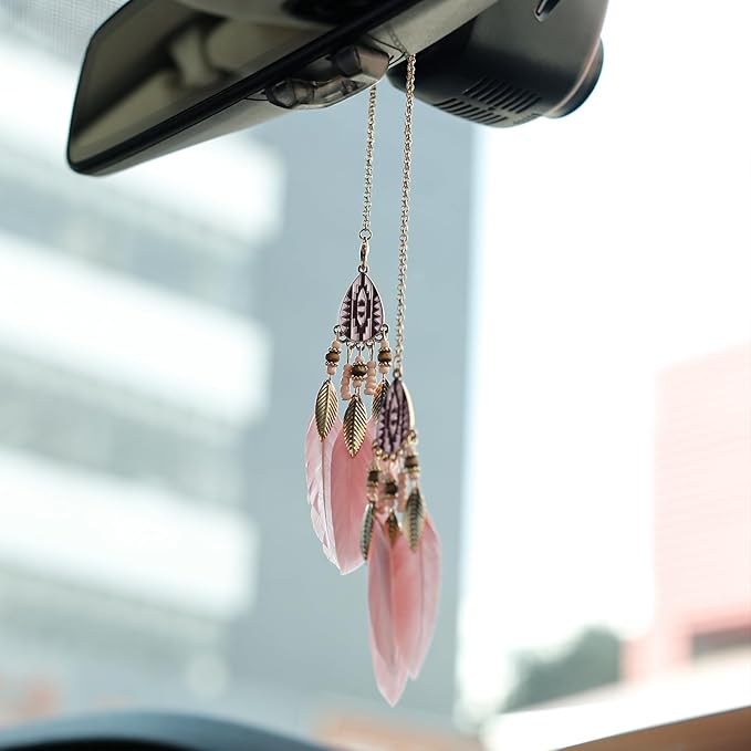 Mini Dream Catcher Car Interior Rearview Mirror Hanging Decor Nature Feather Small Boho Car Charms Pendant Accessories (New Pink)