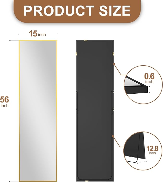 Delma Full Length Mirror,Large Floor Mirror with Aluminum Frame for Bedroom, Bathroom, Living Room,Wall Mount or Freestanding Design(with Stand,Rect 56x15-Gold)
