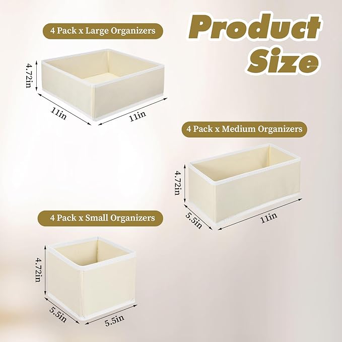 12 Pack Linen Drawer Organizer Set – Collapsible Fabric Storage Bins for Baby Clothes, Diapers, Socks, Bras & More (Beige, 3 Sizes)