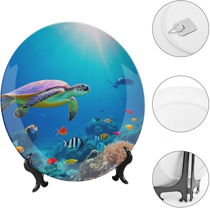 sea Turtle Theme Decorative Ceramic Plate Round Porcelain Plate,10 inch,Ocean Floor Pattern,for Decorative Ornaments Giving Plates,1 Plate with 1 Display Stand,Blue Green