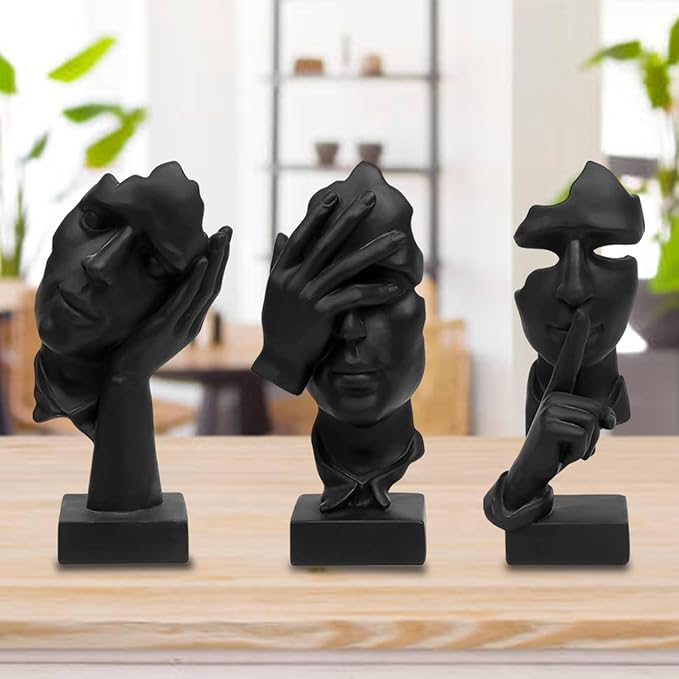 aboxoo Large Size 3 Pcs Thinker Statue, Silence is Gold, See No Evil Hear No Evil Speak No Evil Statues, Modern Resin Sculptures Decor for Living Room Home, Office, Study (Black)