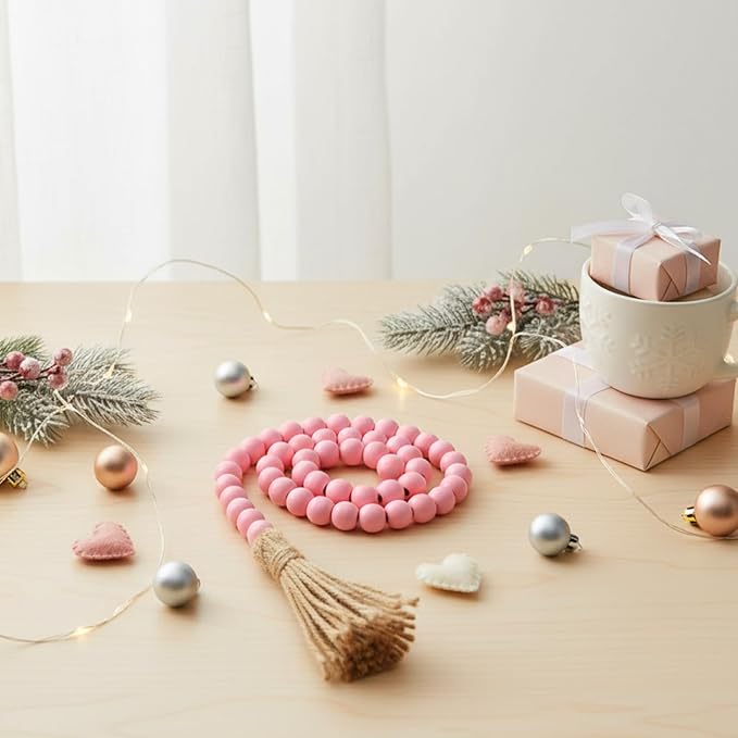 Equsion Seasonal Wooden Bead Garland with Tassels, 3.3 ft Holiday Vintage Boho Bead Garland Easter Tray Decoration, Vase Wall Room Art Birthday Party Decoration(Pink)